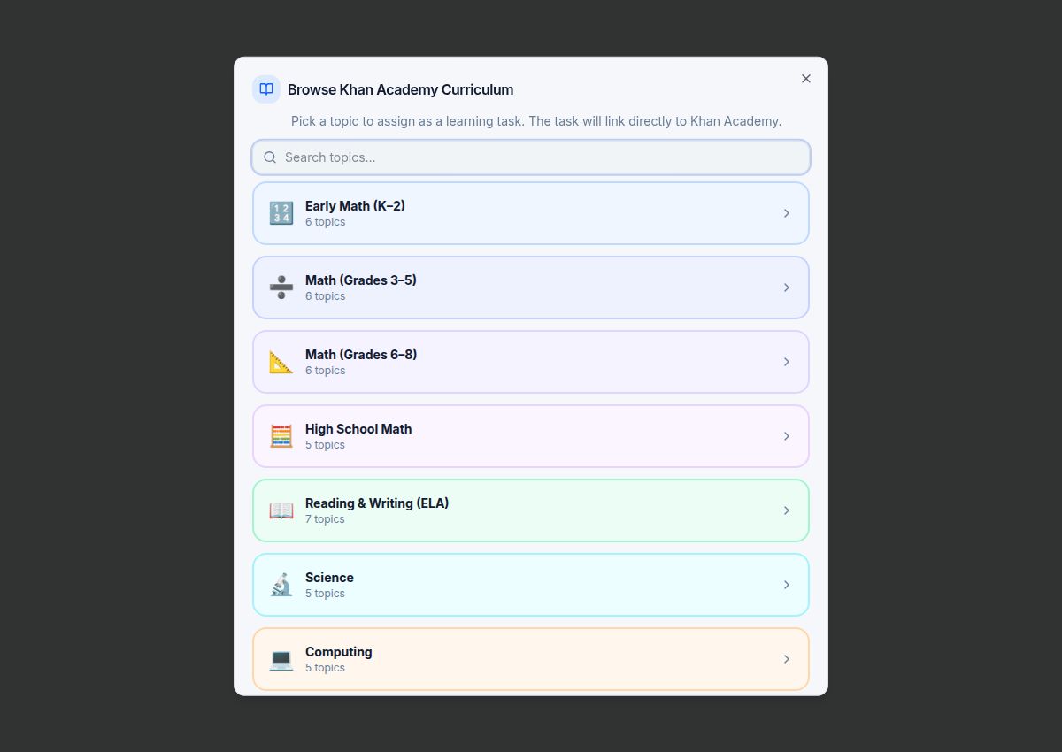 QuestHouse Khan Academy resource browser with subject and topic choices