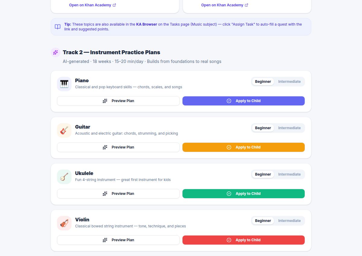 QuestHouse music practice catalog with instrument and level choices
